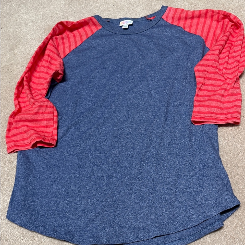 LuLaRoe Blue and Red Raglan 3/4 Sleeve Tee